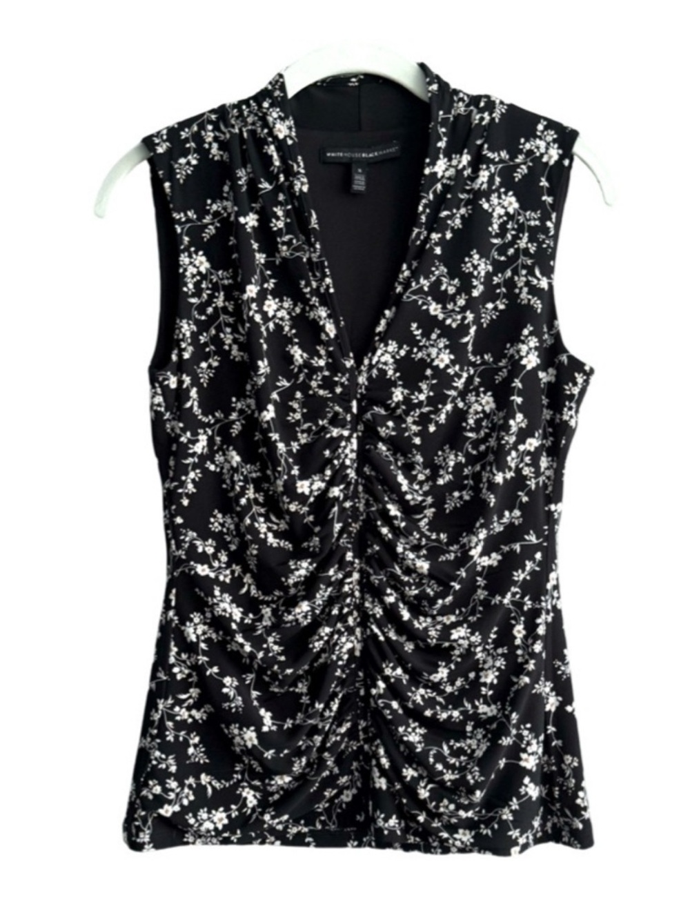 WHBM Sleeveless Blouse Ruched V-neck Floral Black White Size S